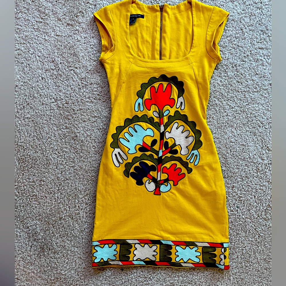 Yellow French Connection dress with embroider floral pattern. Size 0